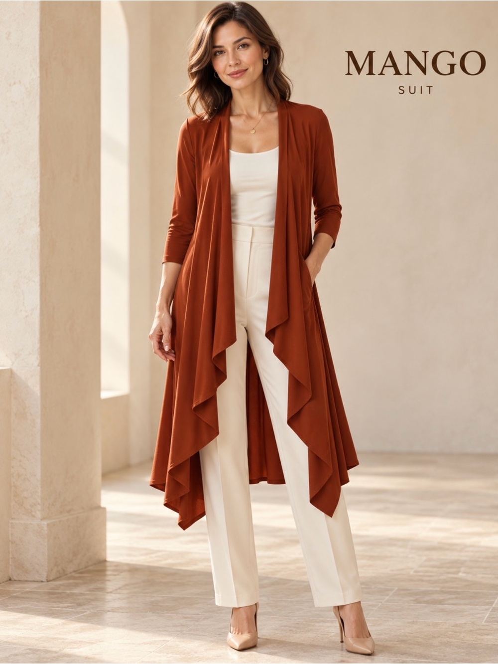 Mango Women’s rust draped open-front long cardigan Size XS